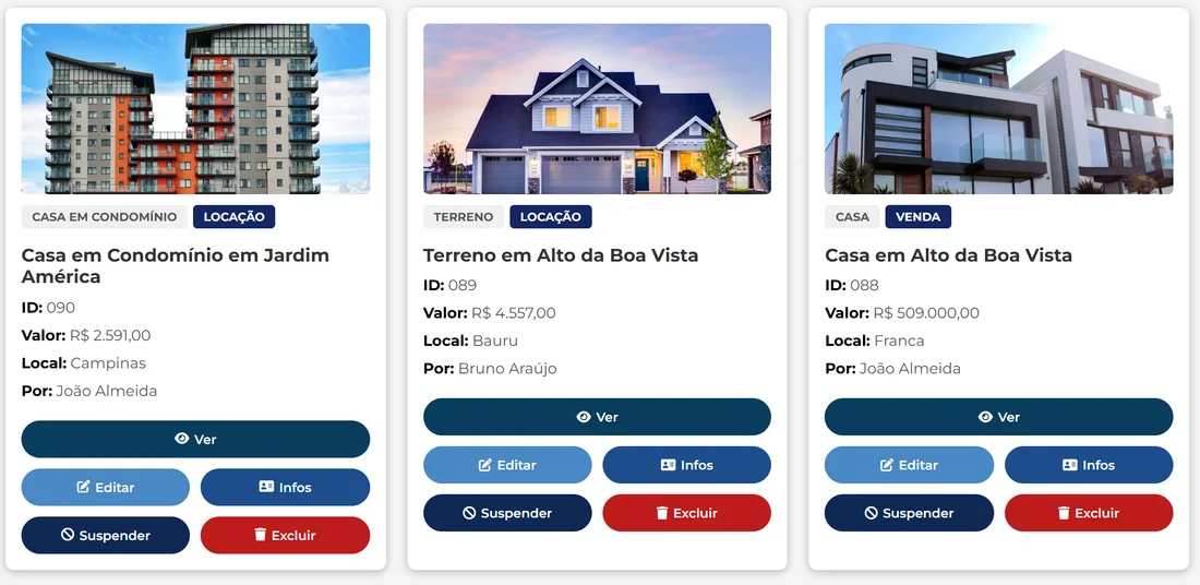 Tela de cadastro e listagem de imóveis