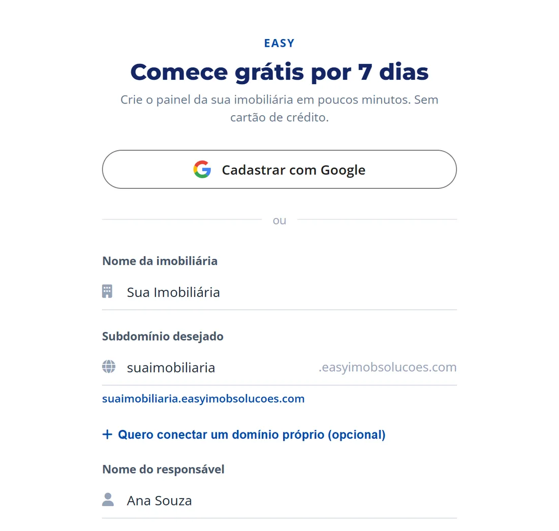 Cadastro da imobiliária na Easy Imob