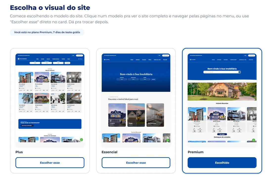 Escolha do modelo de site