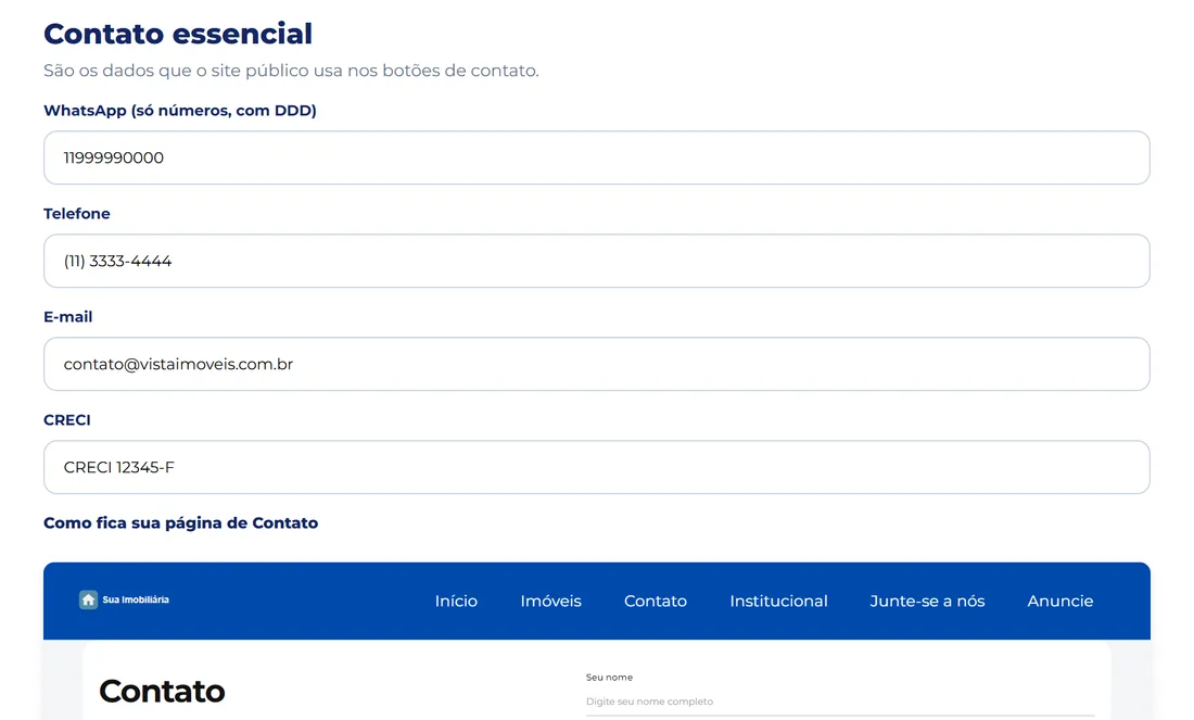 Dados de contato com a prévia da página de Contato