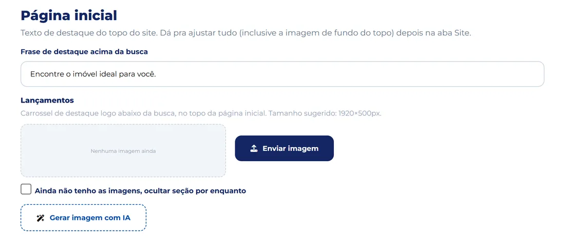 Página inicial do site, com geração de imagem por IA